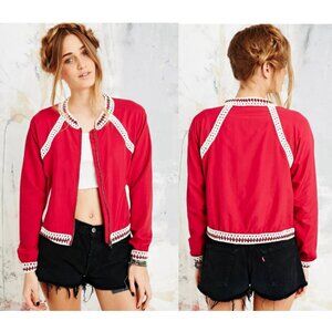 Free People Crochet Trim Baseball‎ Bomber Jacket Fall Trendy EUC Zip Up